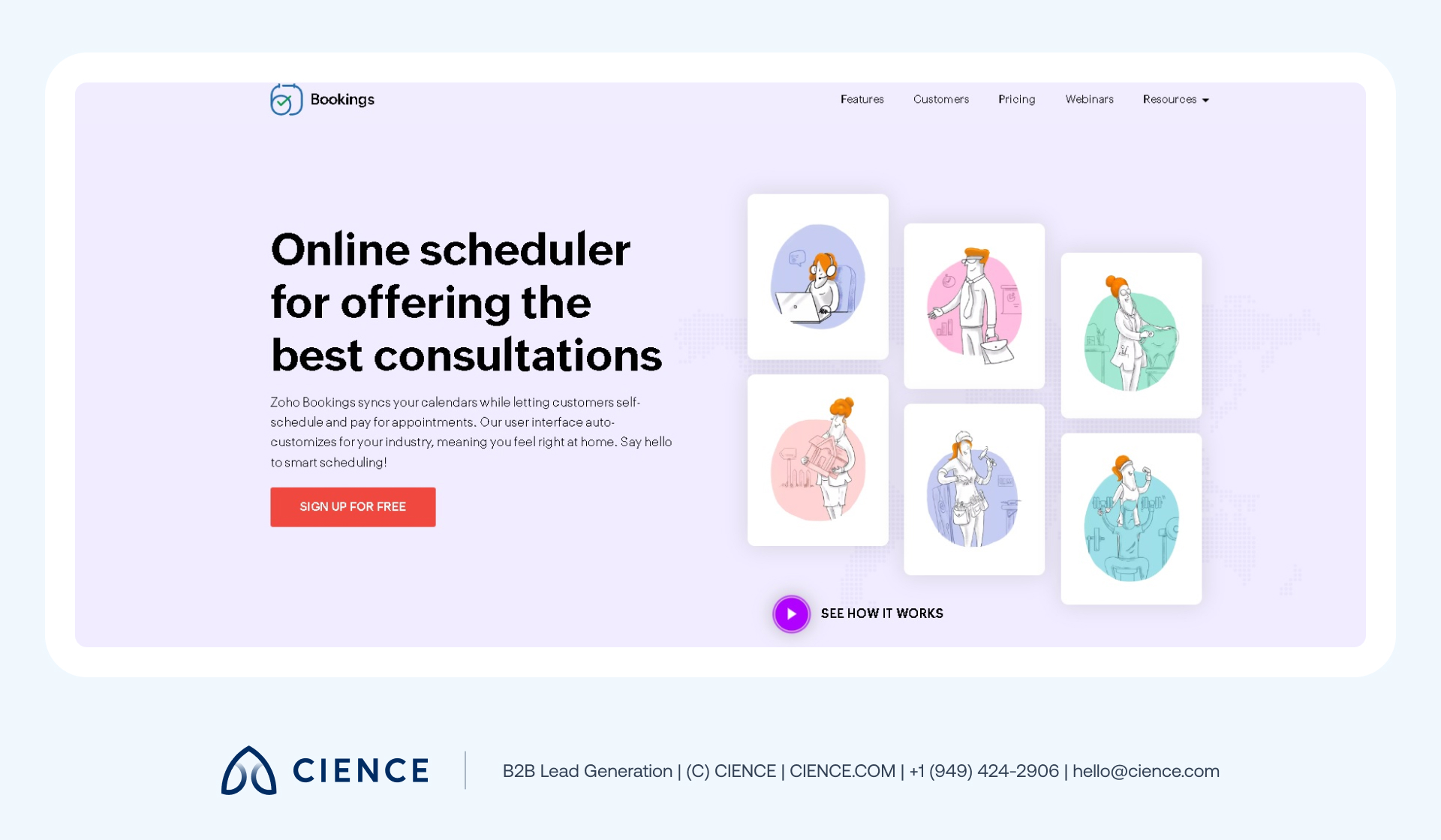 Zoho Bookings scheduling system showing customizable booking page, two-way calendar sync, and appointment qualification form